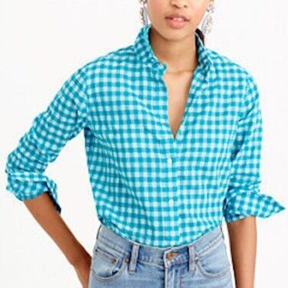 J Crew Size 6 Gingham Check Button Down Boy Shirt White Turquoise - Picture 3 of 10